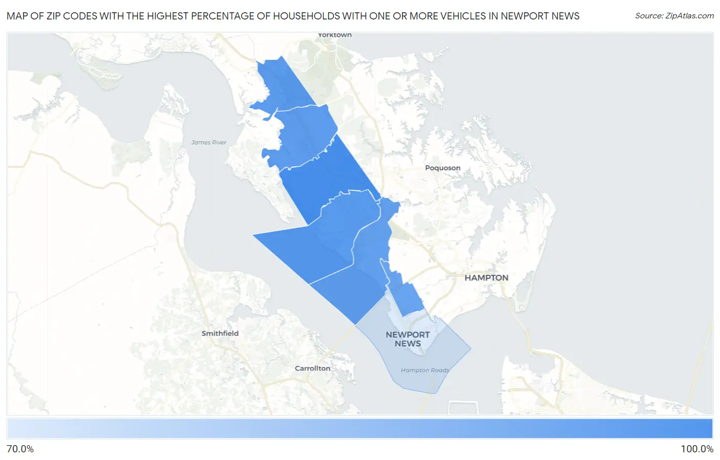 Zip Codes with the Highest Percentage of Households With One or more Vehicles in Newport News Map