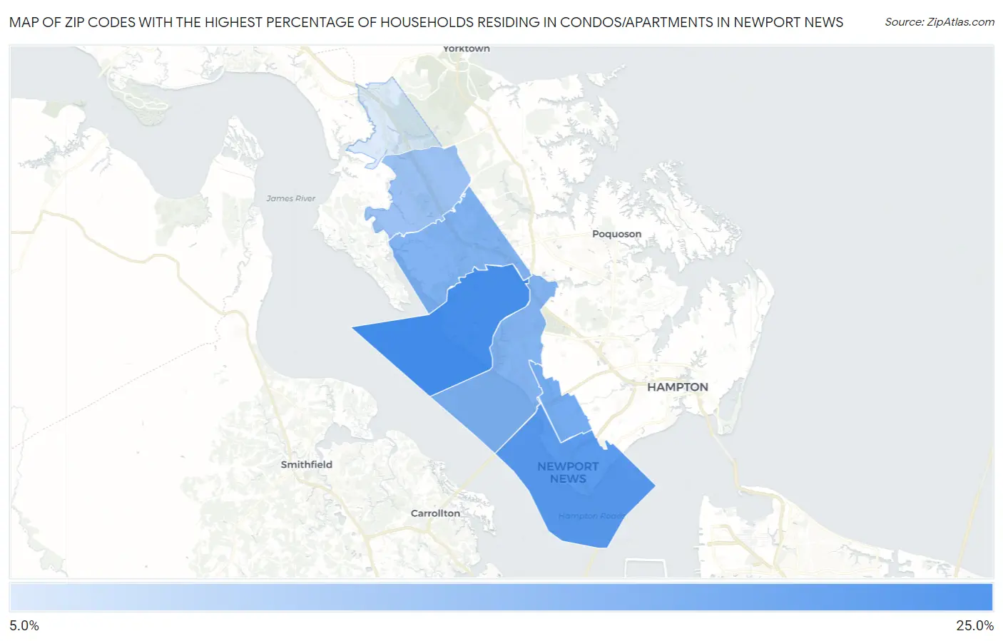 Zip Codes with the Highest Percentage of Households Residing in Condos/Apartments in Newport News Map