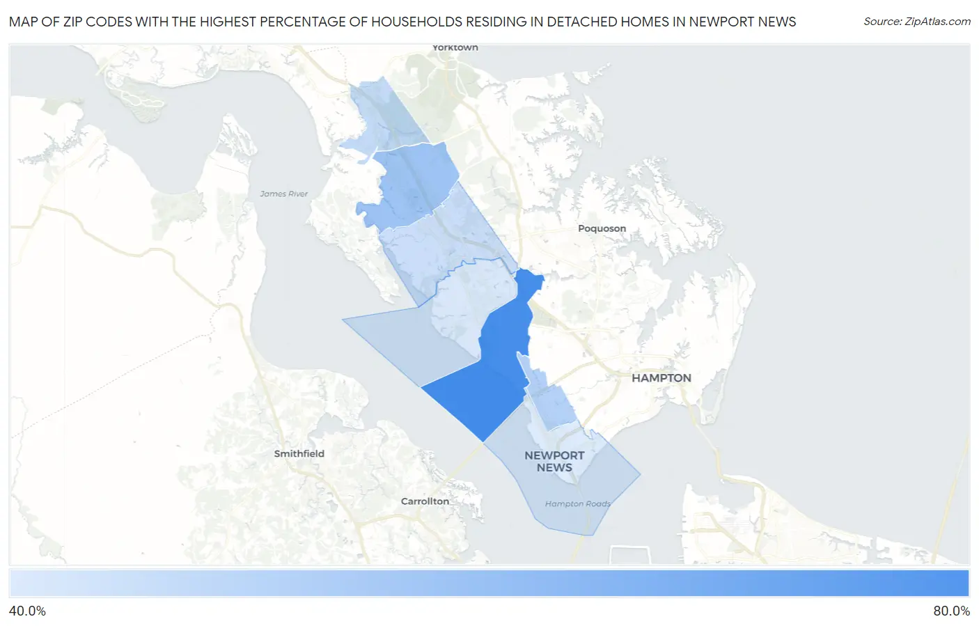 Zip Codes with the Highest Percentage of Households Residing in Detached Homes in Newport News Map