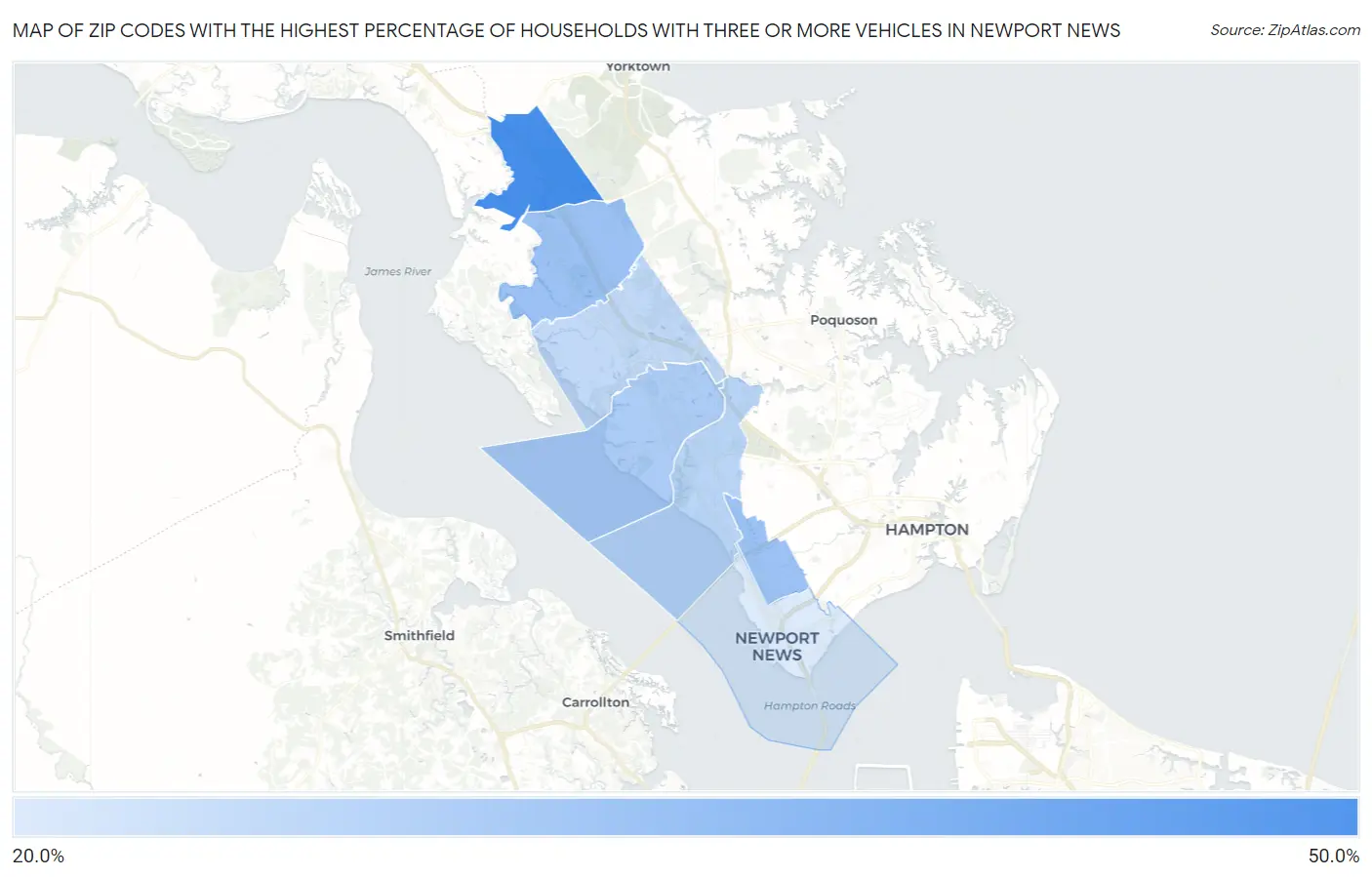 Zip Codes with the Highest Percentage of Households With Three or more Vehicles in Newport News Map