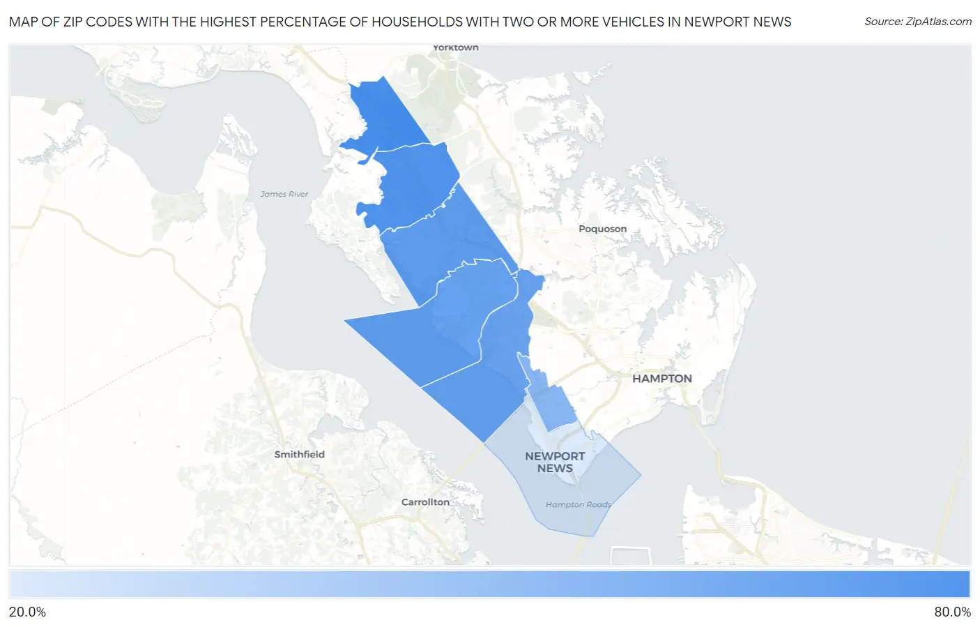 Zip Codes with the Highest Percentage of Households With Two or more Vehicles in Newport News Map