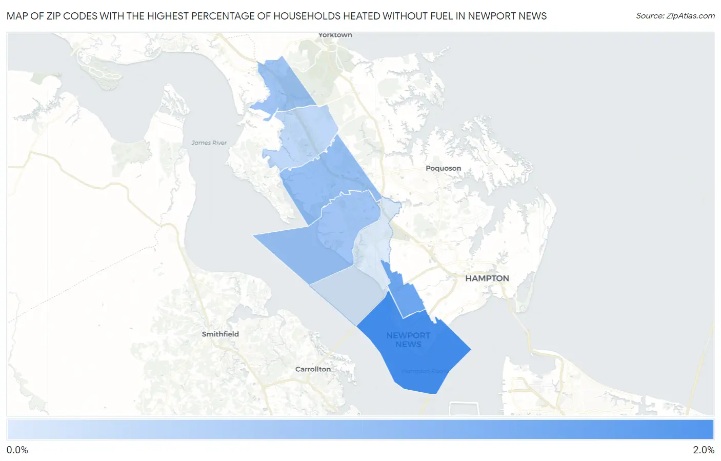 Zip Codes with the Highest Percentage of Households Heated without Fuel in Newport News Map