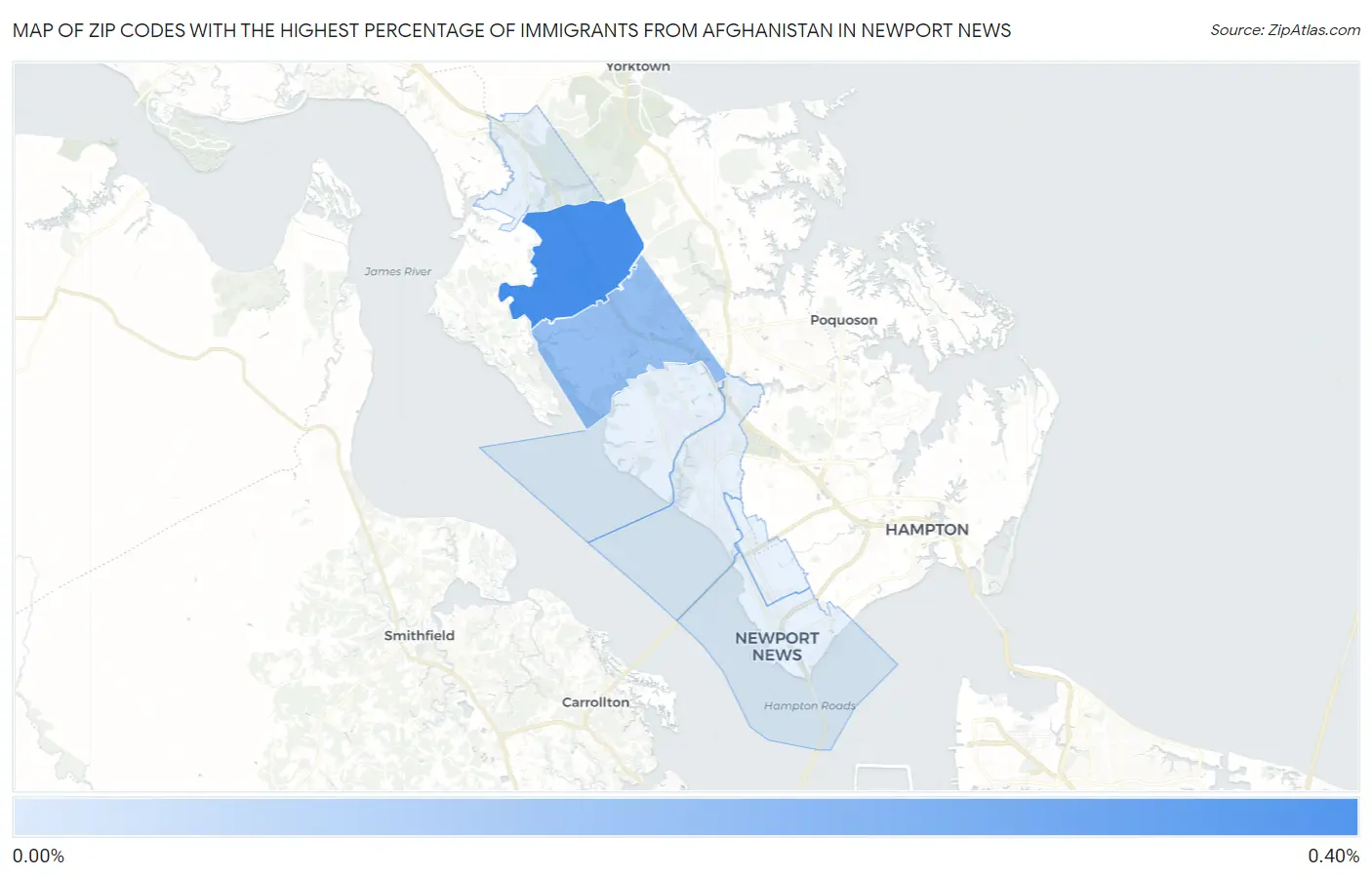 Zip Codes with the Highest Percentage of Immigrants from Afghanistan in Newport News Map