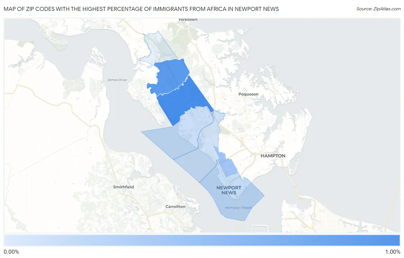 Zip Codes with the Highest Percentage of Immigrants from Africa in Newport News Map