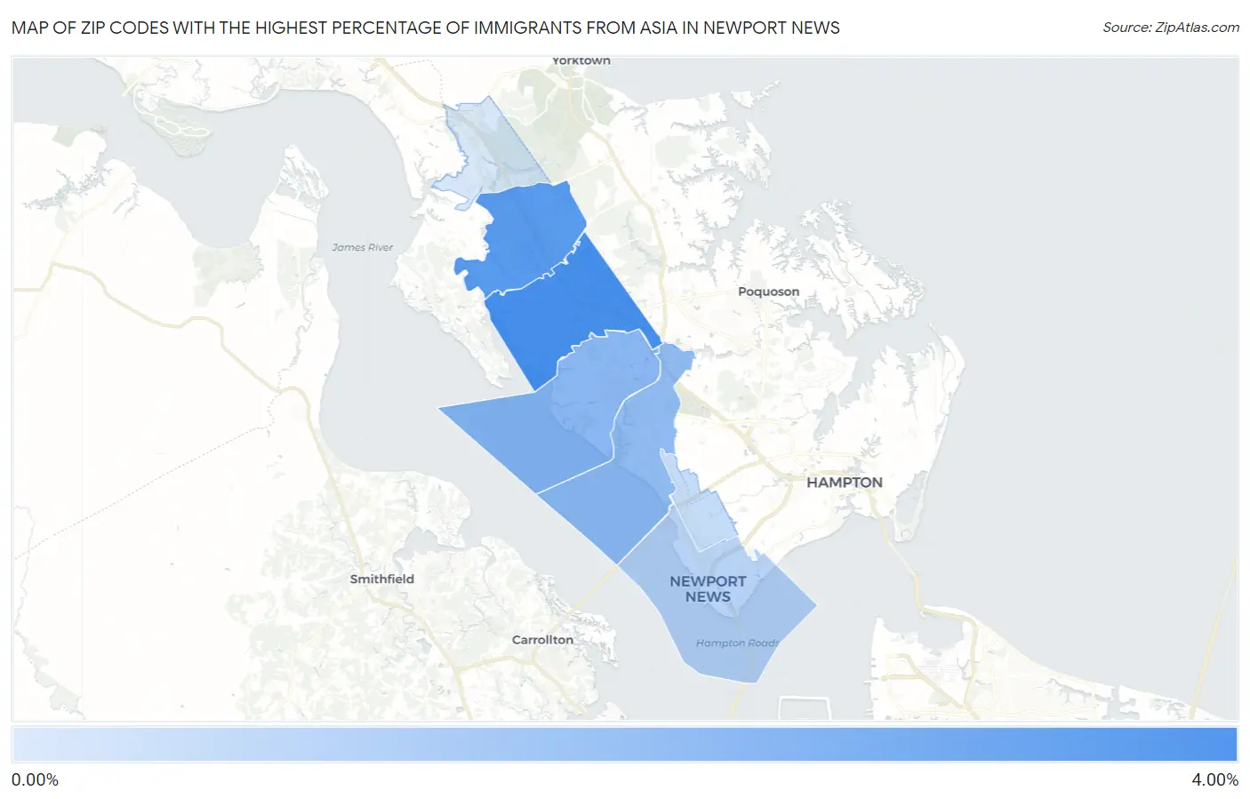 Zip Codes with the Highest Percentage of Immigrants from Asia in Newport News Map