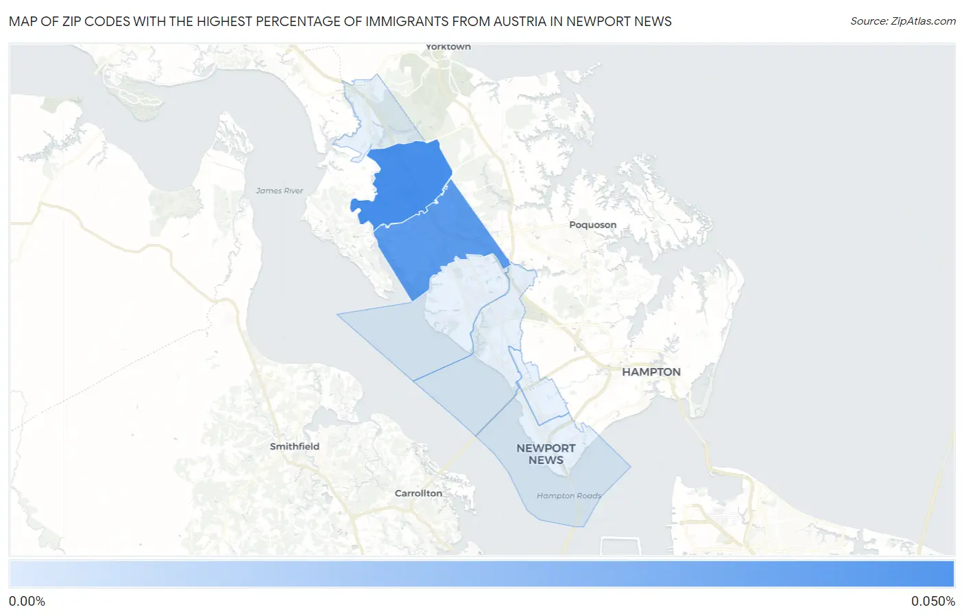 Zip Codes with the Highest Percentage of Immigrants from Austria in Newport News Map