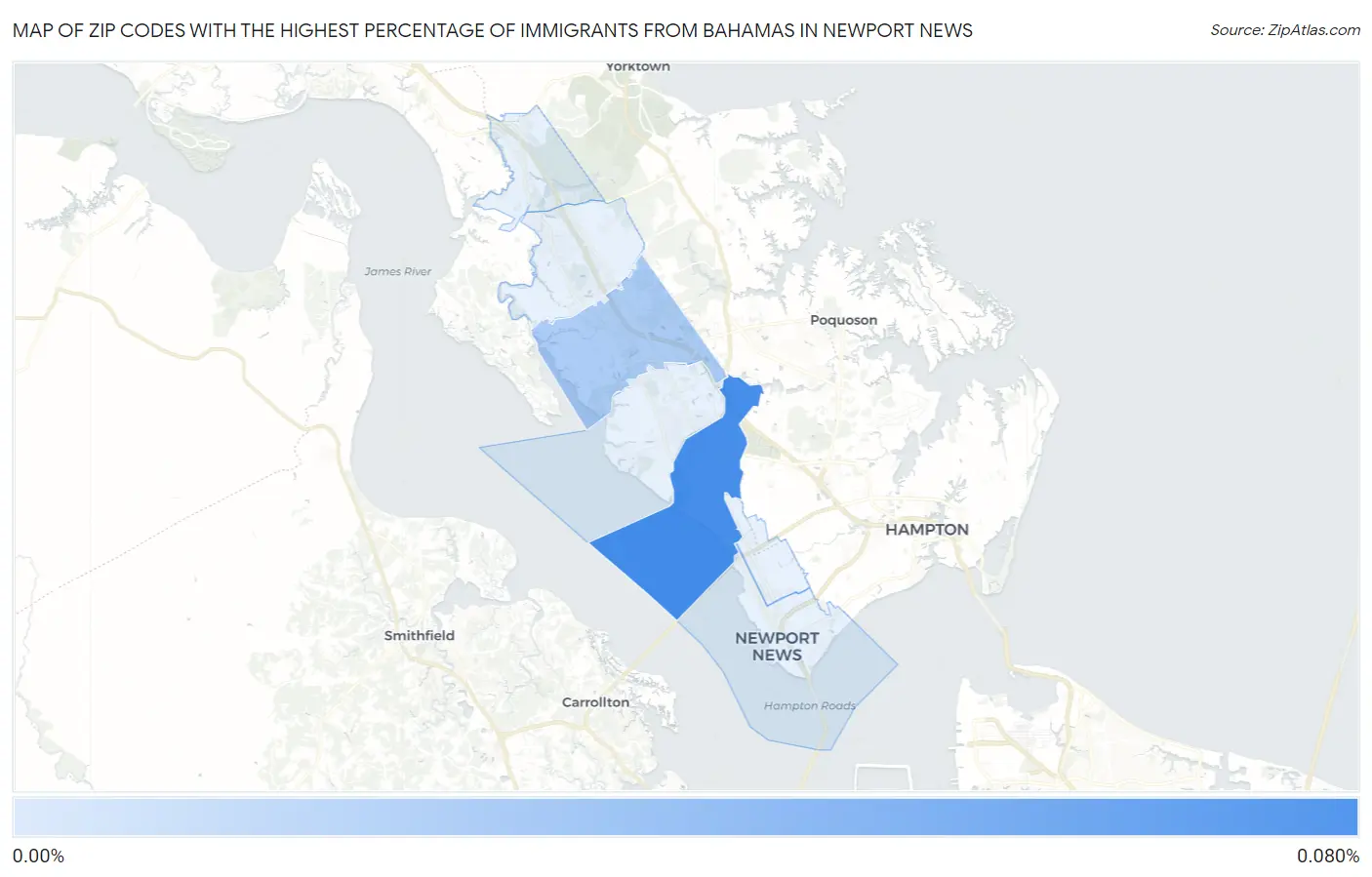 Zip Codes with the Highest Percentage of Immigrants from Bahamas in Newport News Map