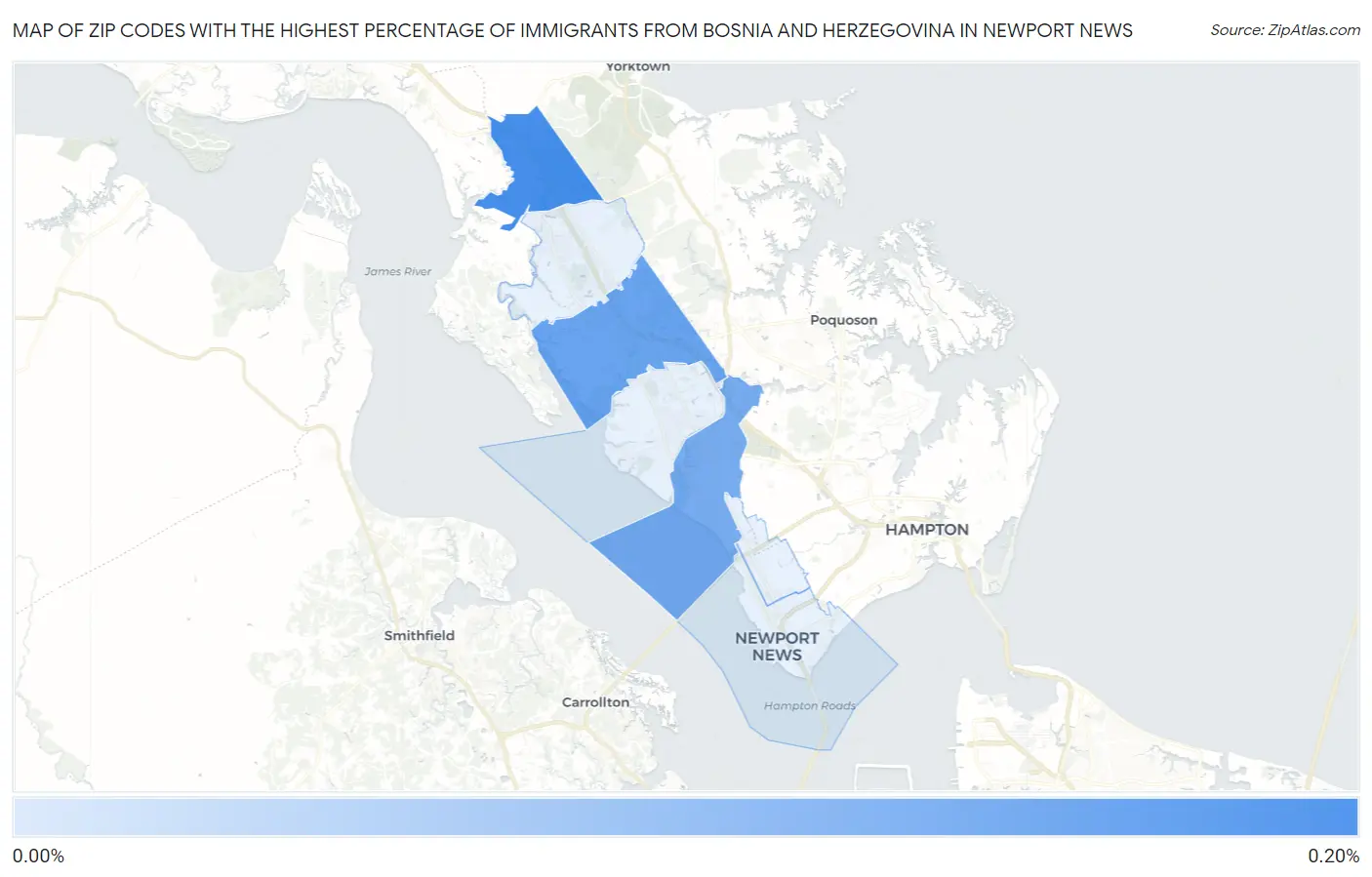 Zip Codes with the Highest Percentage of Immigrants from Bosnia and Herzegovina in Newport News Map