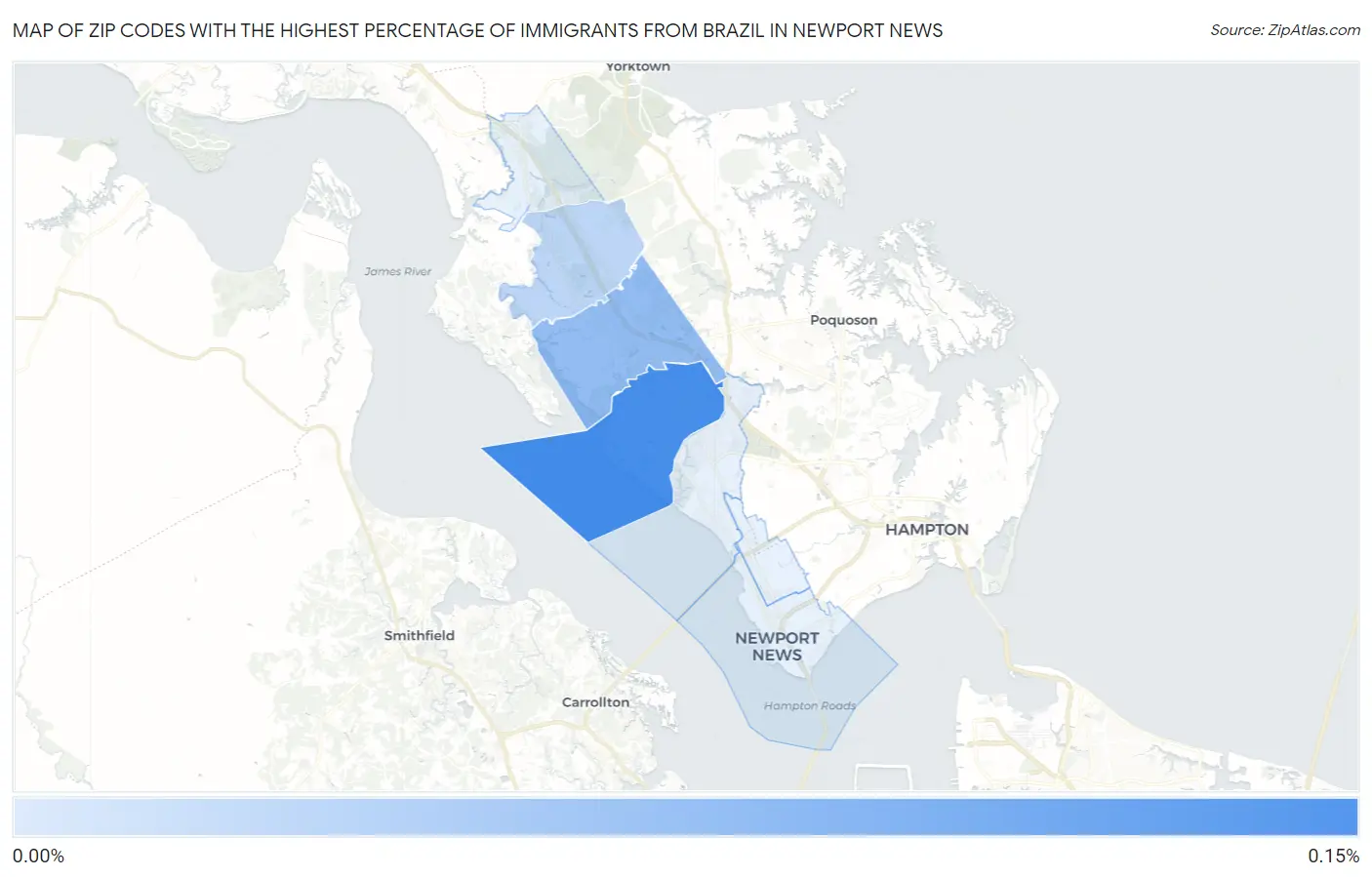 Zip Codes with the Highest Percentage of Immigrants from Brazil in Newport News Map
