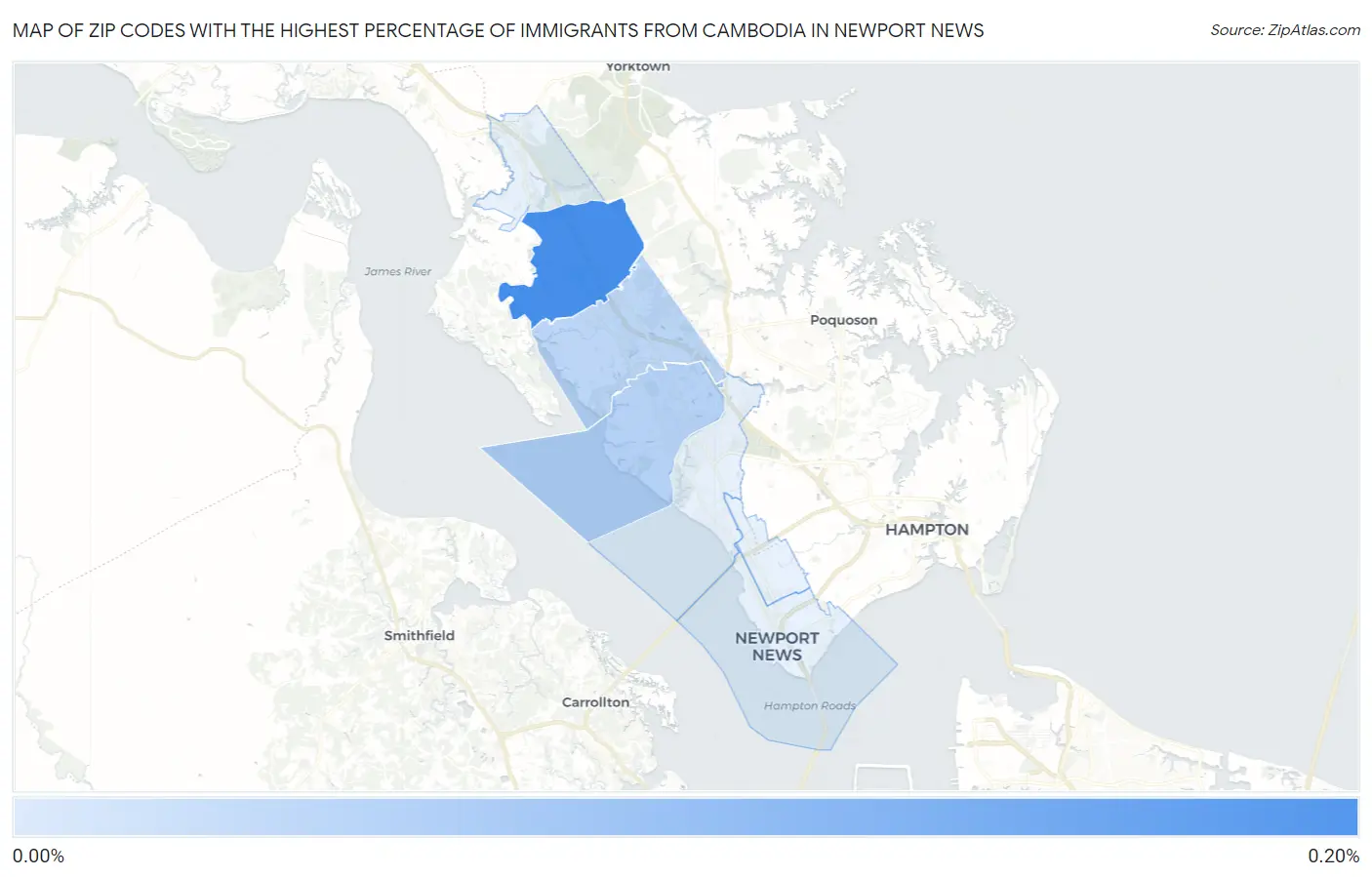 Zip Codes with the Highest Percentage of Immigrants from Cambodia in Newport News Map