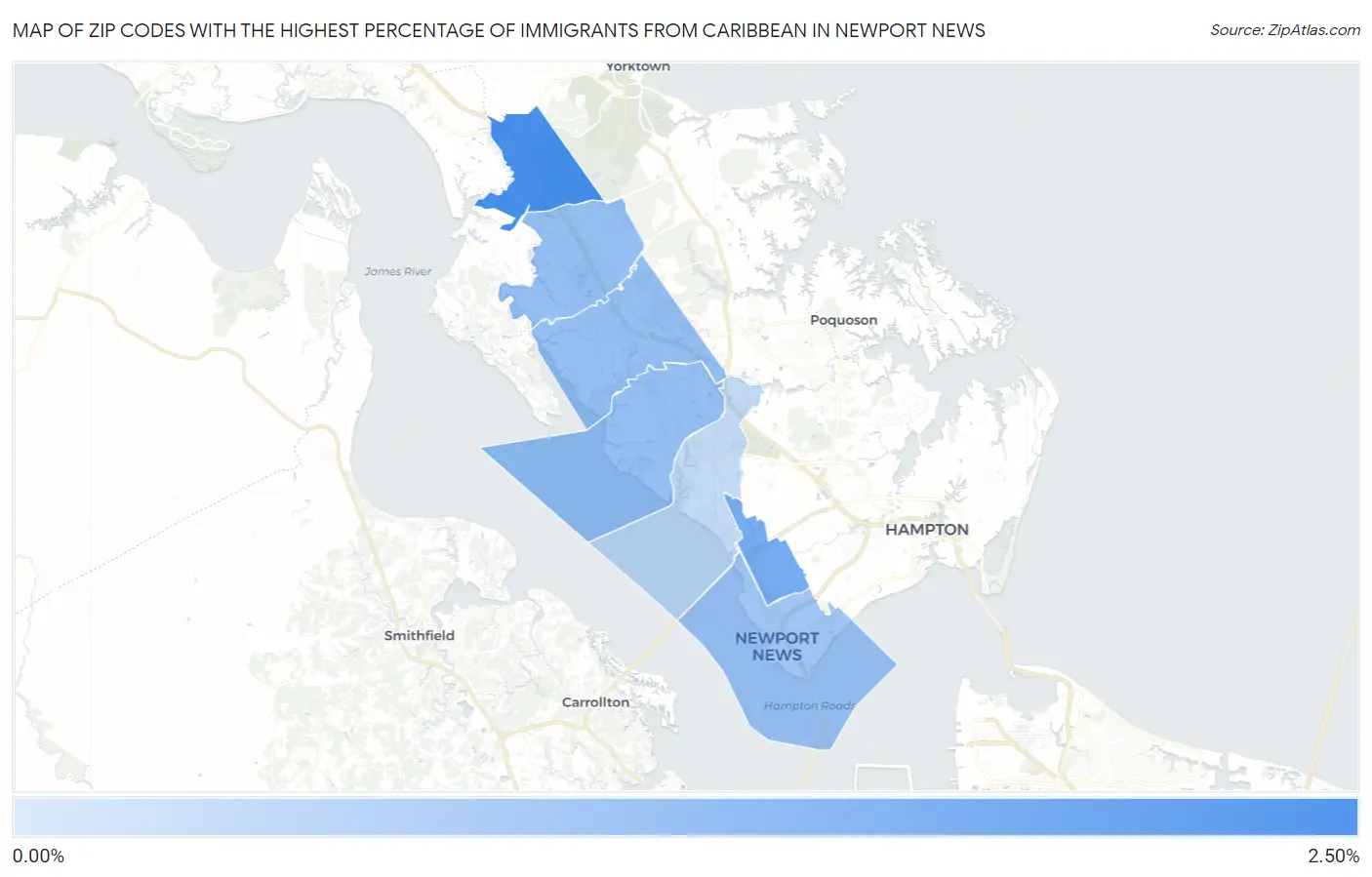 Zip Codes with the Highest Percentage of Immigrants from Caribbean in Newport News Map