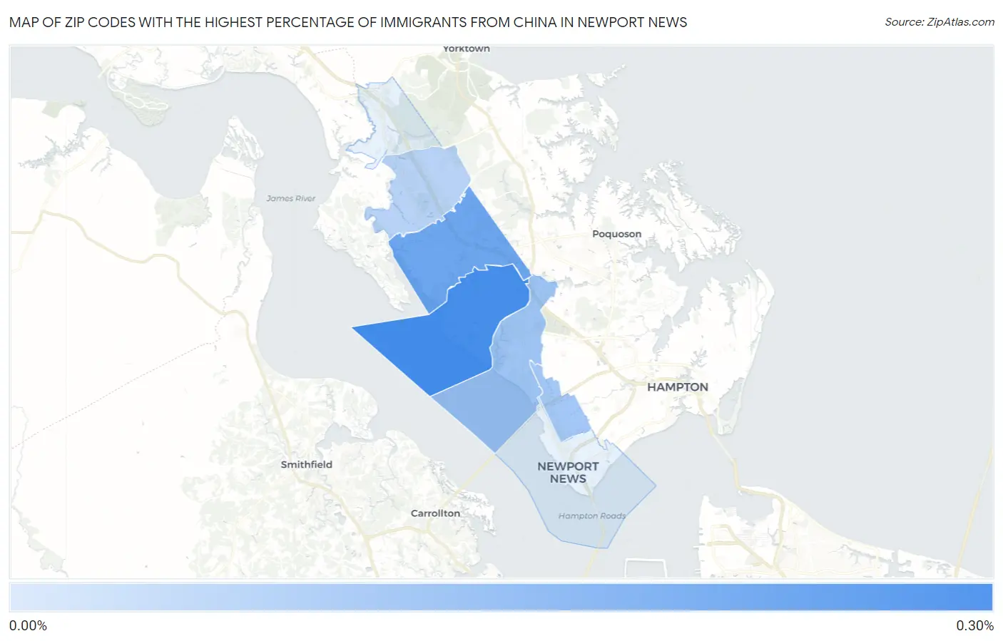 Zip Codes with the Highest Percentage of Immigrants from China in Newport News Map