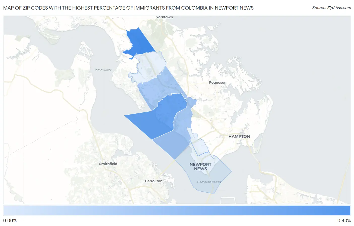 Zip Codes with the Highest Percentage of Immigrants from Colombia in Newport News Map