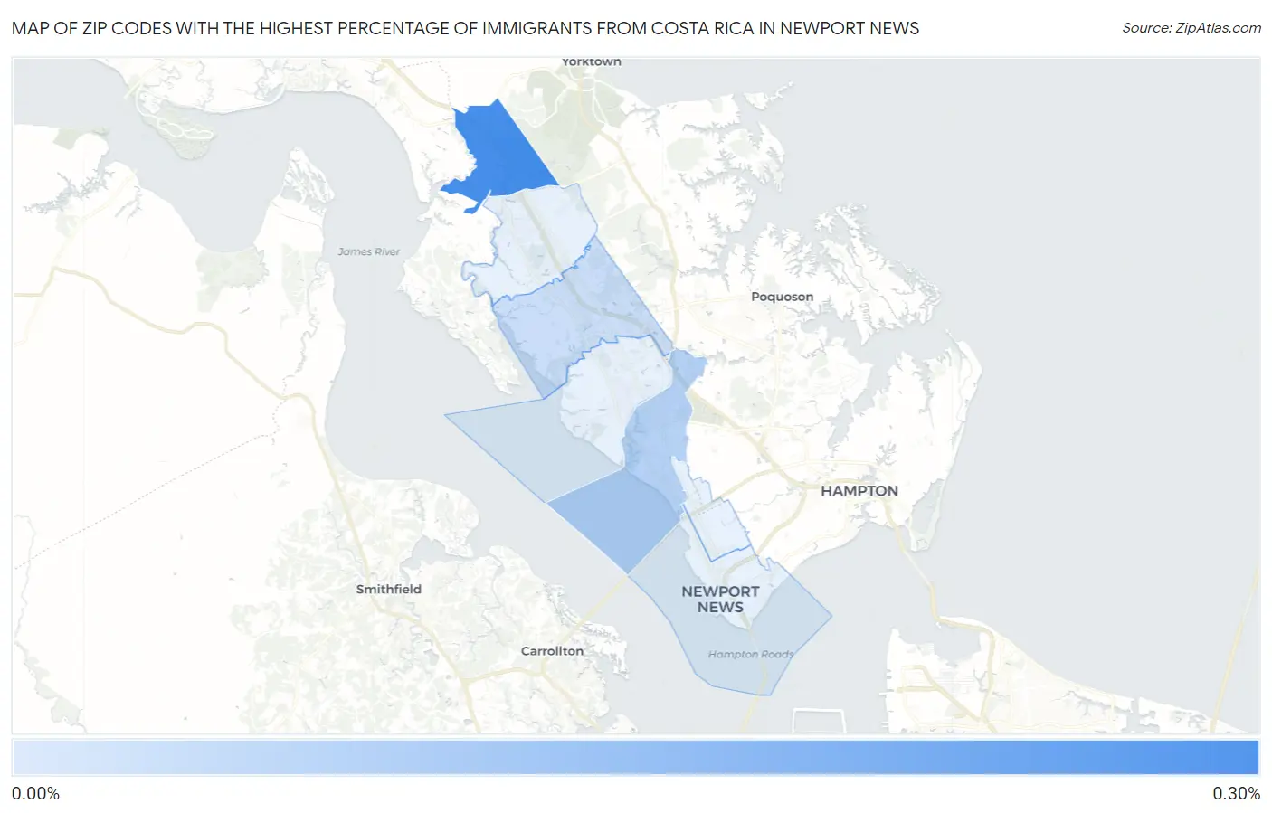 Zip Codes with the Highest Percentage of Immigrants from Costa Rica in Newport News Map