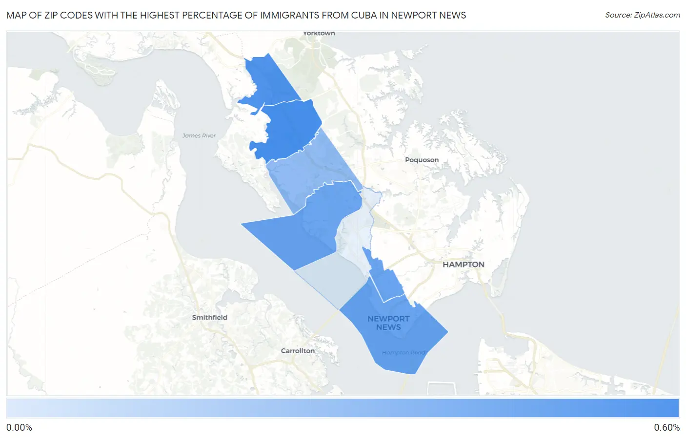 Zip Codes with the Highest Percentage of Immigrants from Cuba in Newport News Map
