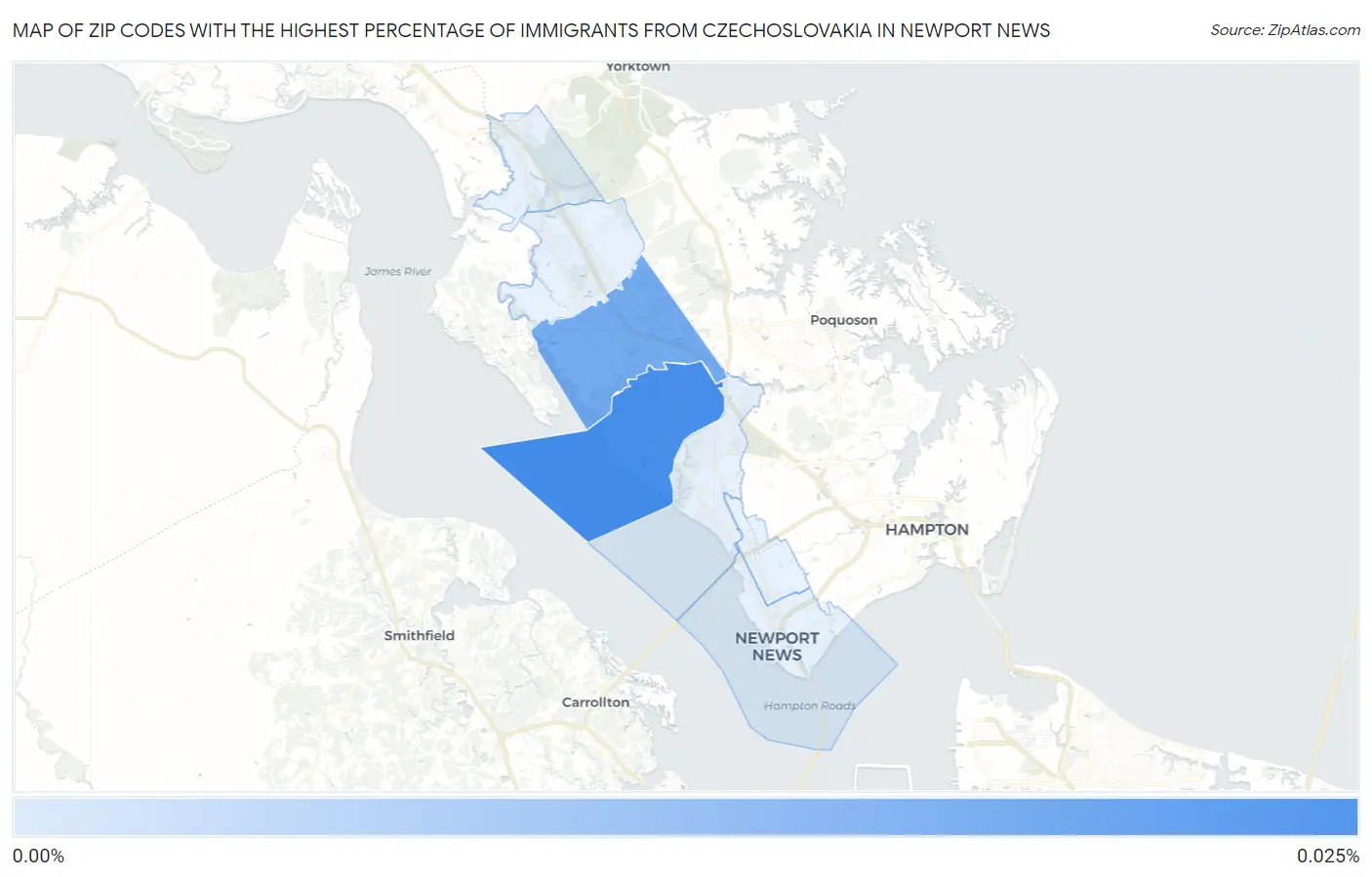Zip Codes with the Highest Percentage of Immigrants from Czechoslovakia in Newport News Map