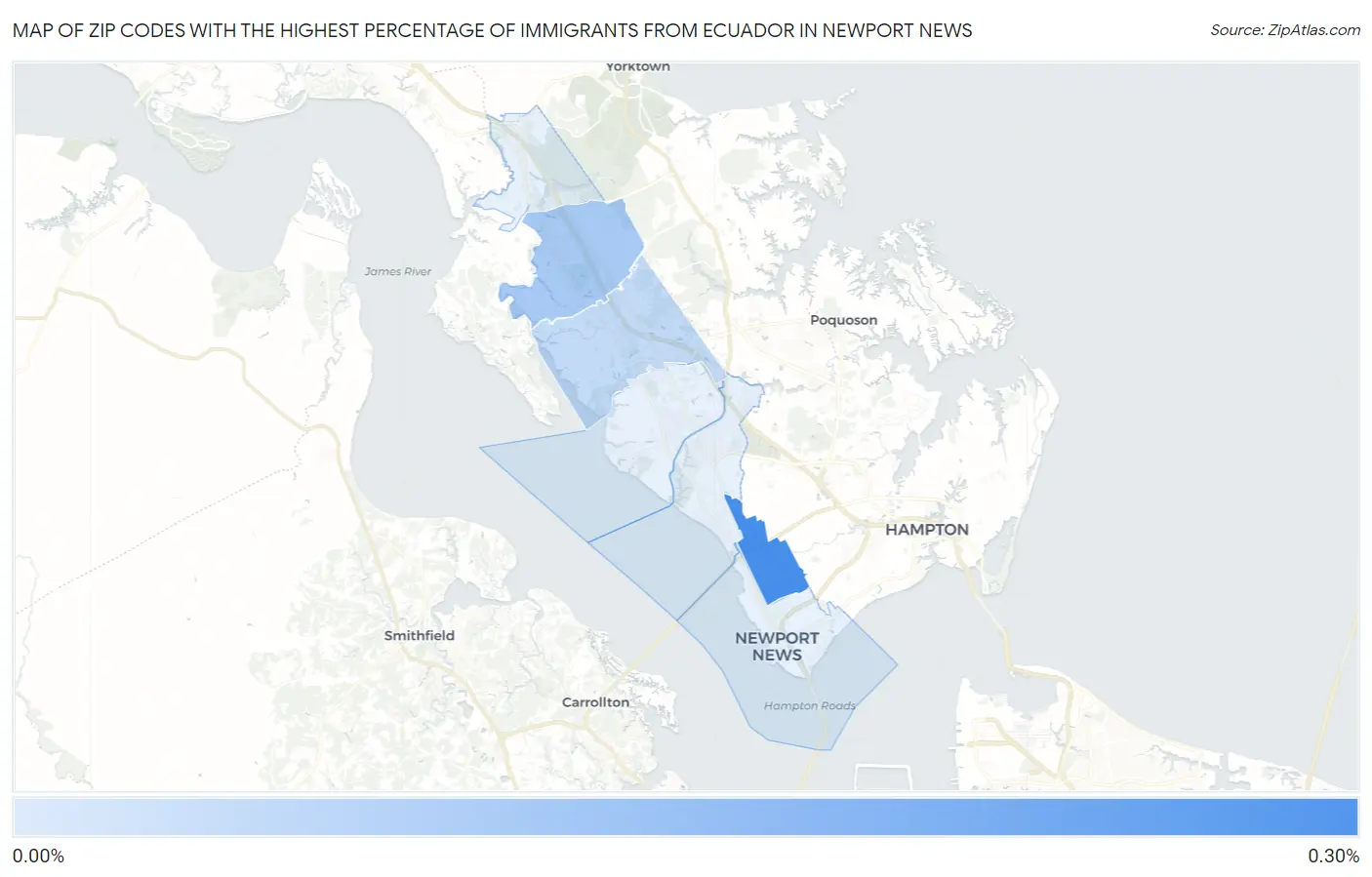 Zip Codes with the Highest Percentage of Immigrants from Ecuador in Newport News Map