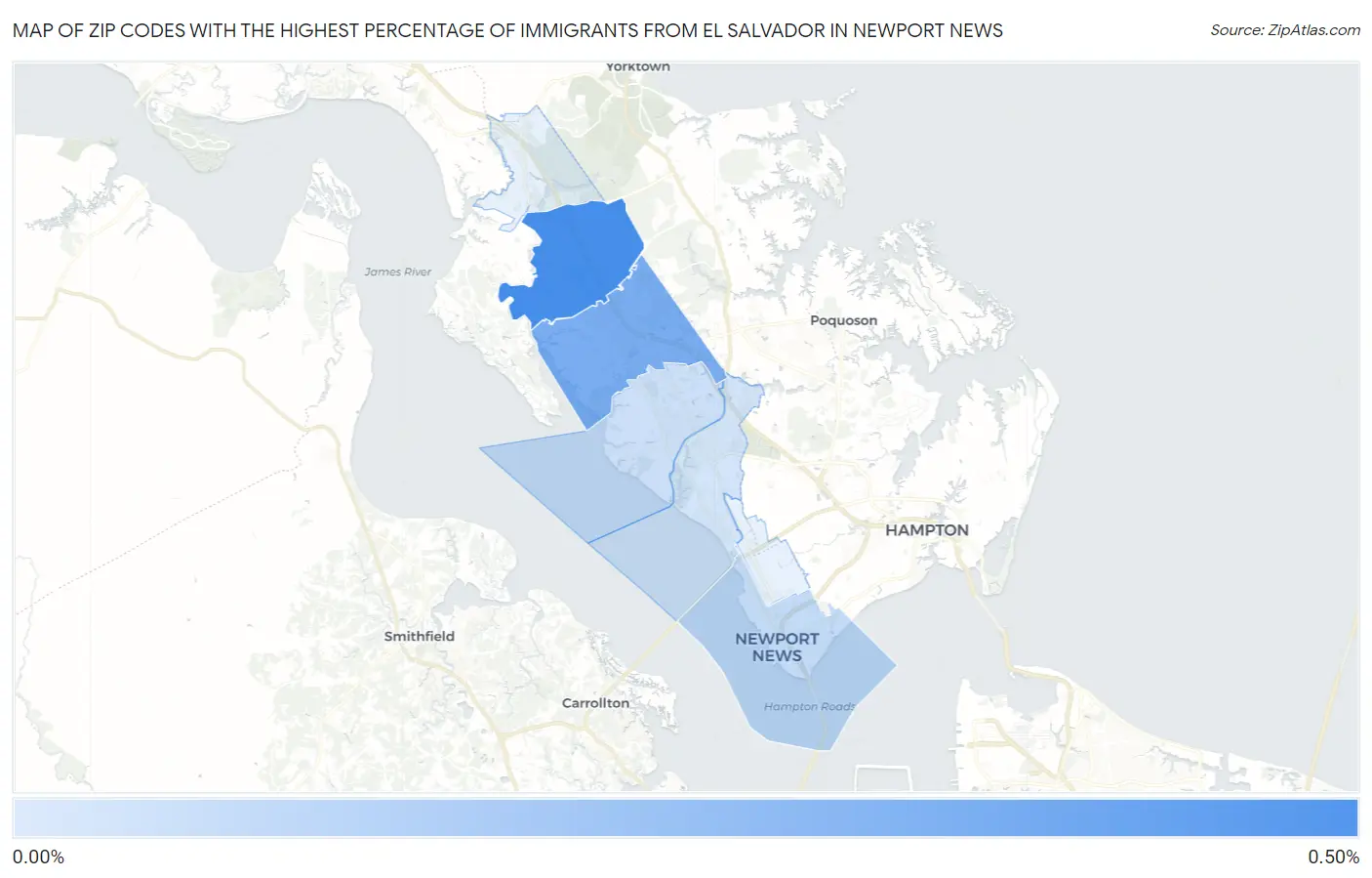 Zip Codes with the Highest Percentage of Immigrants from El Salvador in Newport News Map