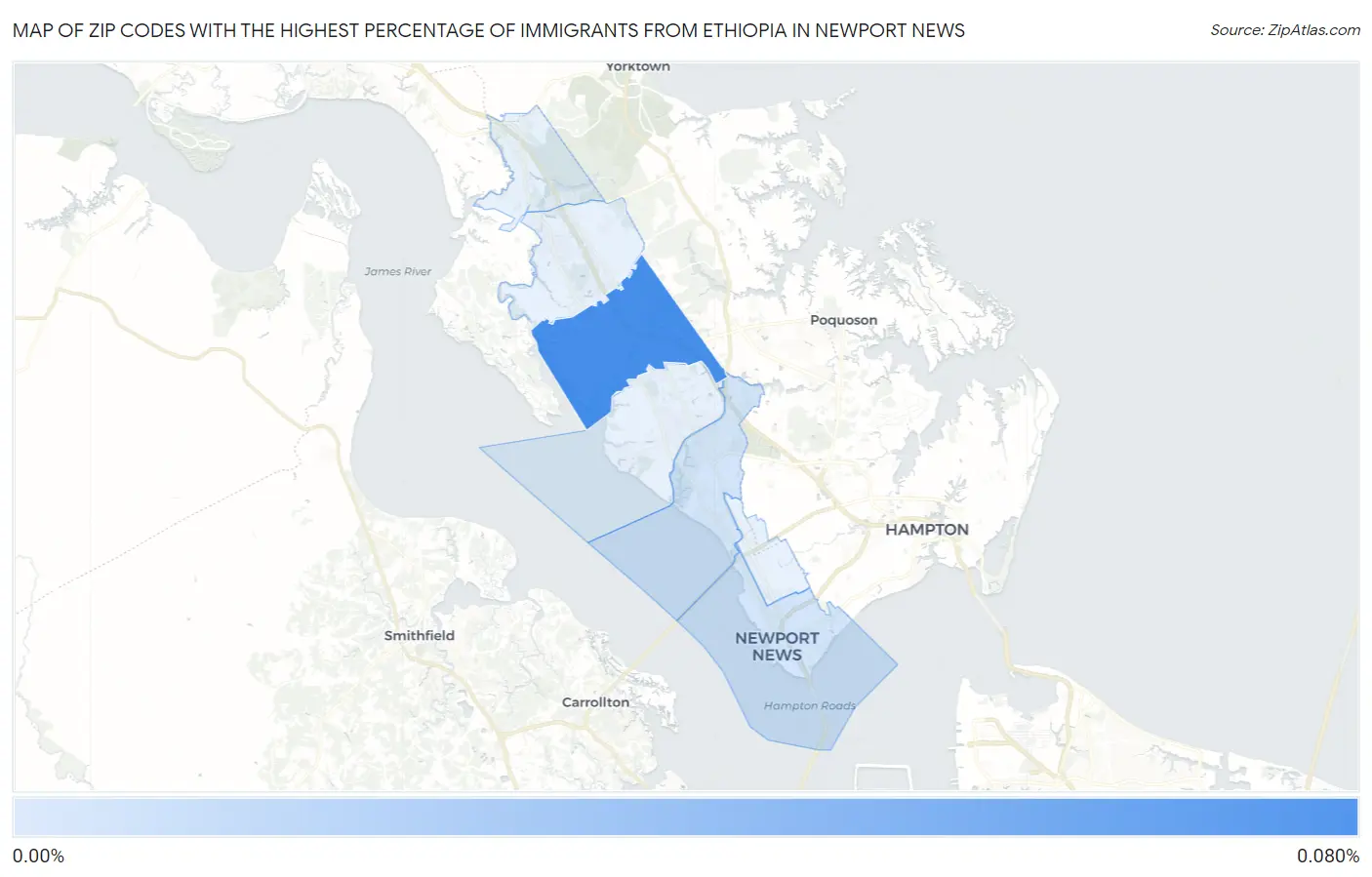 Zip Codes with the Highest Percentage of Immigrants from Ethiopia in Newport News Map