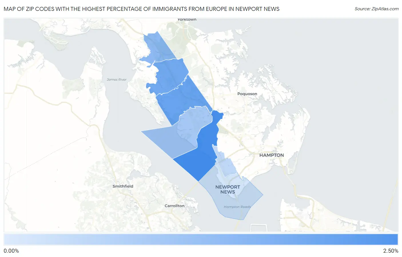 Zip Codes with the Highest Percentage of Immigrants from Europe in Newport News Map