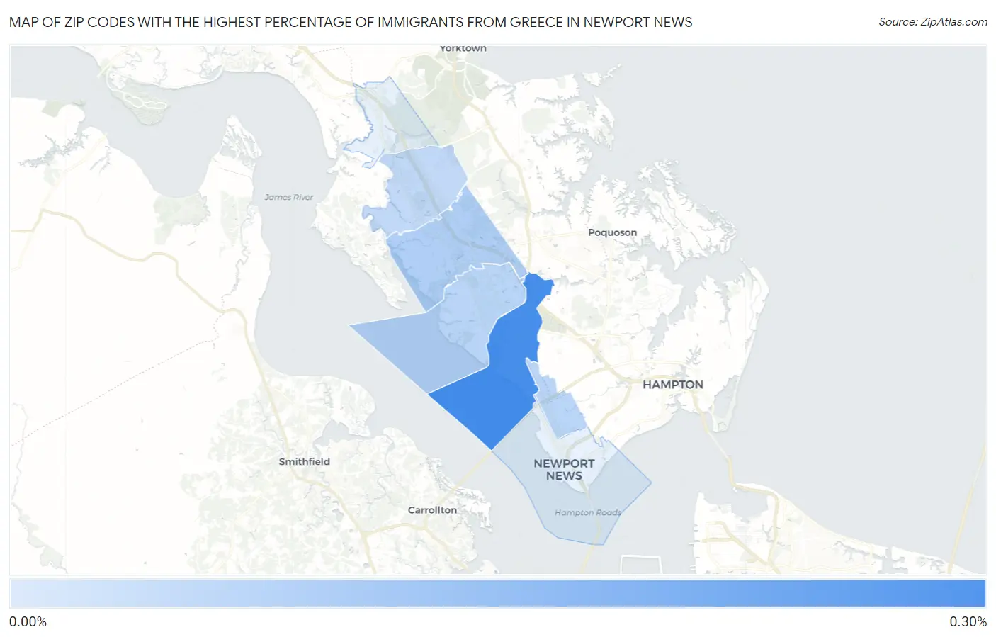 Zip Codes with the Highest Percentage of Immigrants from Greece in Newport News Map