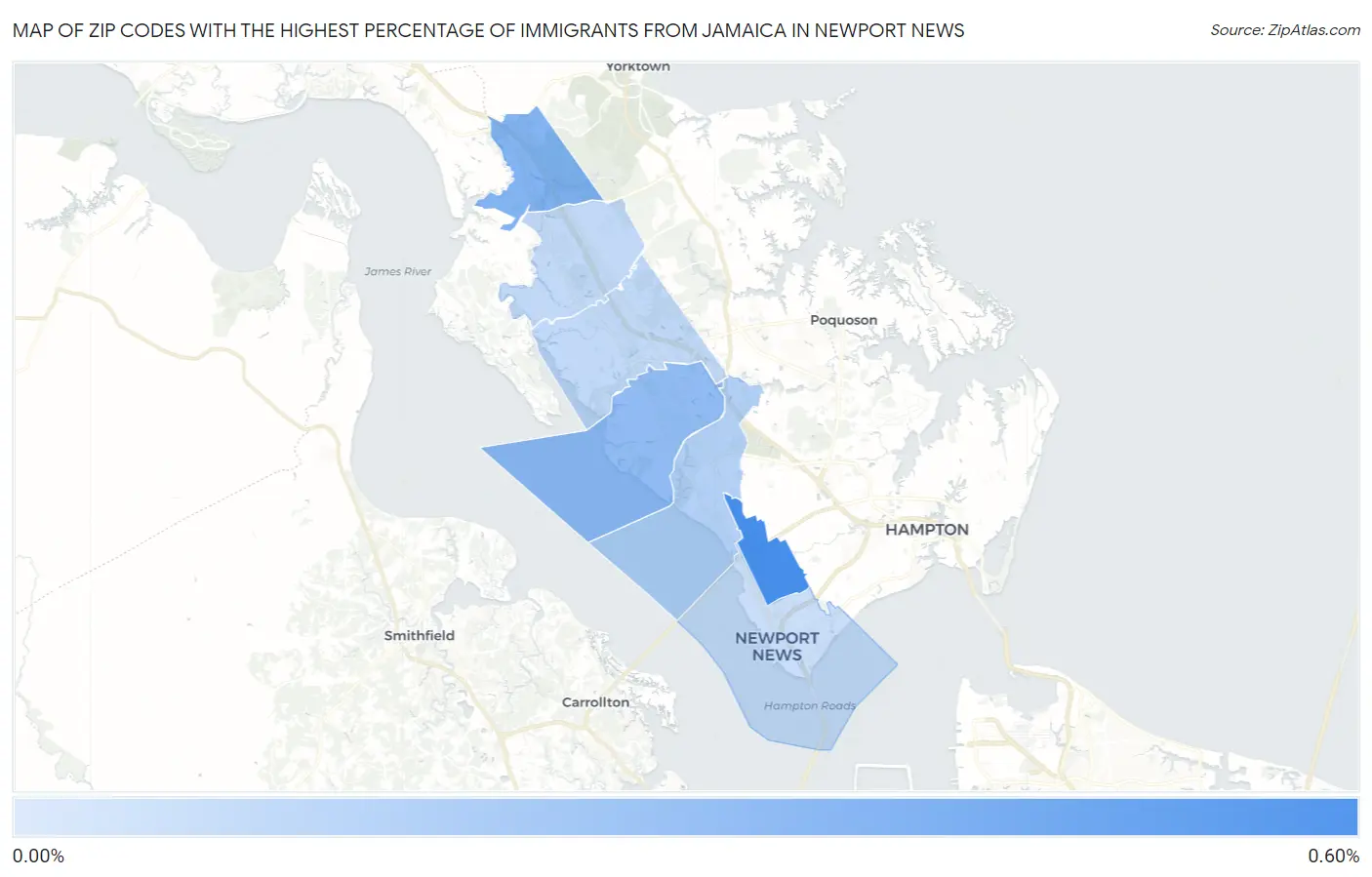 Zip Codes with the Highest Percentage of Immigrants from Jamaica in Newport News Map