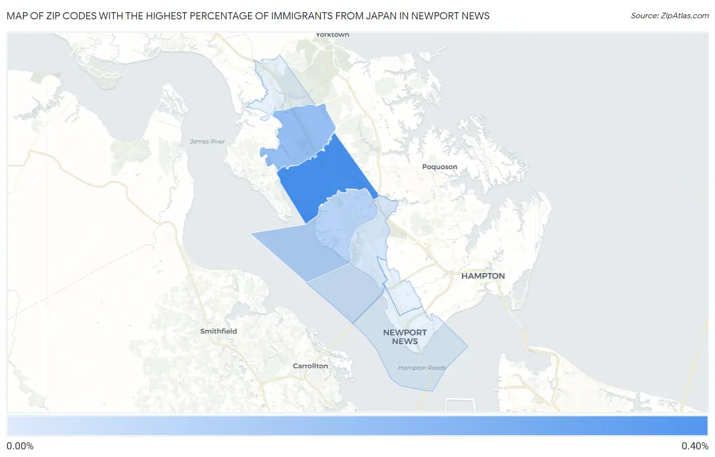 Zip Codes with the Highest Percentage of Immigrants from Japan in Newport News Map