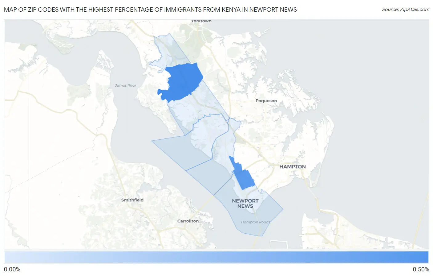 Zip Codes with the Highest Percentage of Immigrants from Kenya in Newport News Map