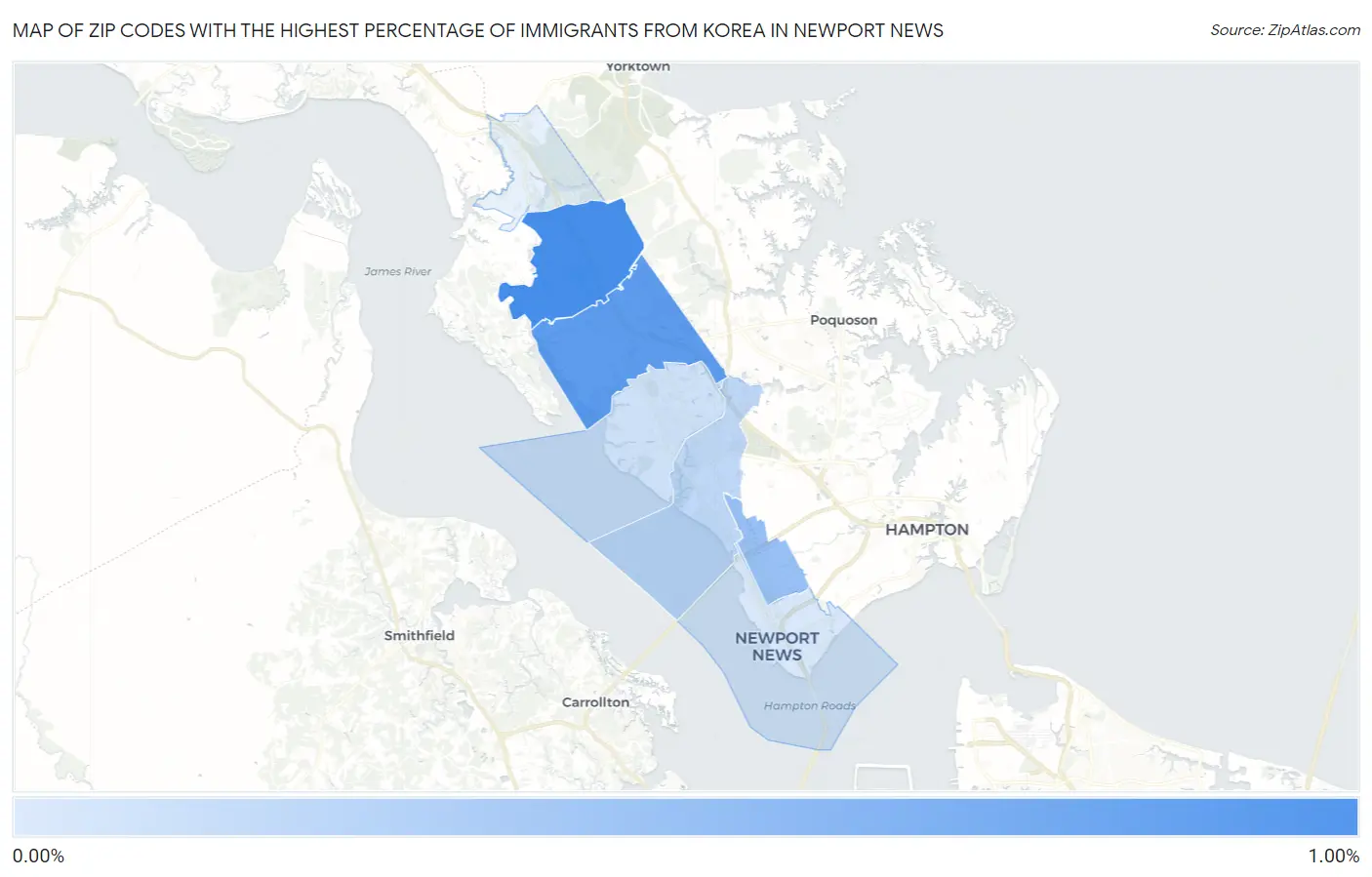 Zip Codes with the Highest Percentage of Immigrants from Korea in Newport News Map
