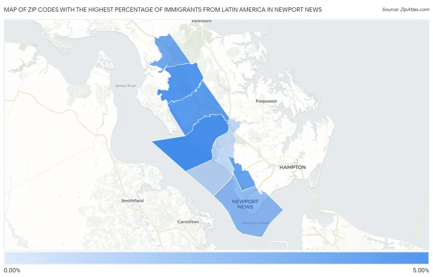 Zip Codes with the Highest Percentage of Immigrants from Latin America in Newport News Map