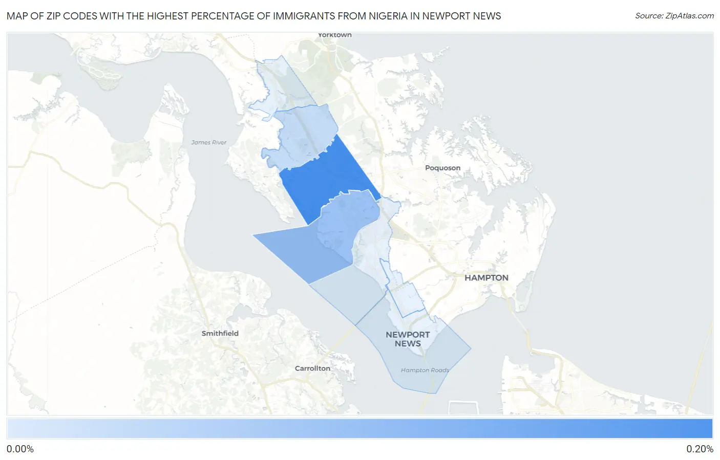 Zip Codes with the Highest Percentage of Immigrants from Nigeria in Newport News Map
