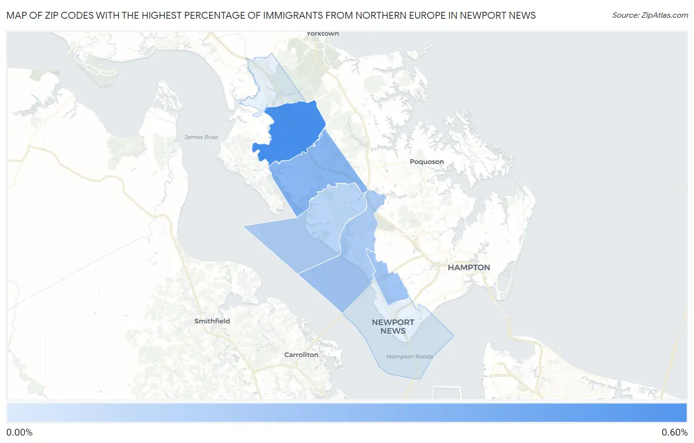 Zip Codes with the Highest Percentage of Immigrants from Northern Europe in Newport News Map