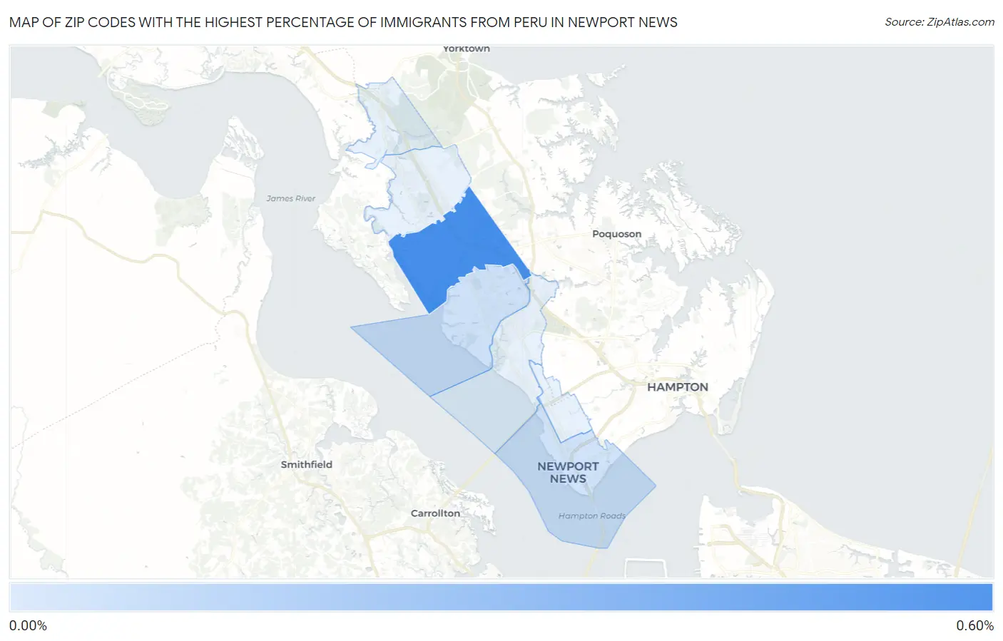 Zip Codes with the Highest Percentage of Immigrants from Peru in Newport News Map