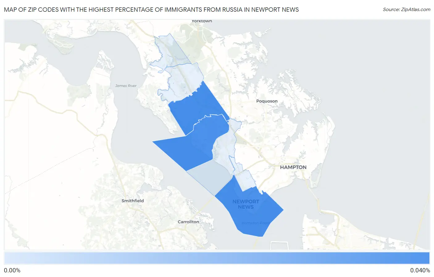 Zip Codes with the Highest Percentage of Immigrants from Russia in Newport News Map