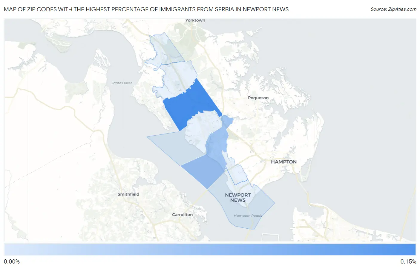 Zip Codes with the Highest Percentage of Immigrants from Serbia in Newport News Map