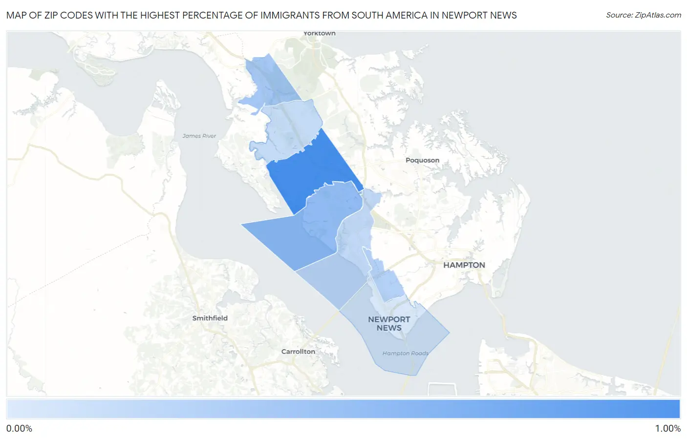 Zip Codes with the Highest Percentage of Immigrants from South America in Newport News Map