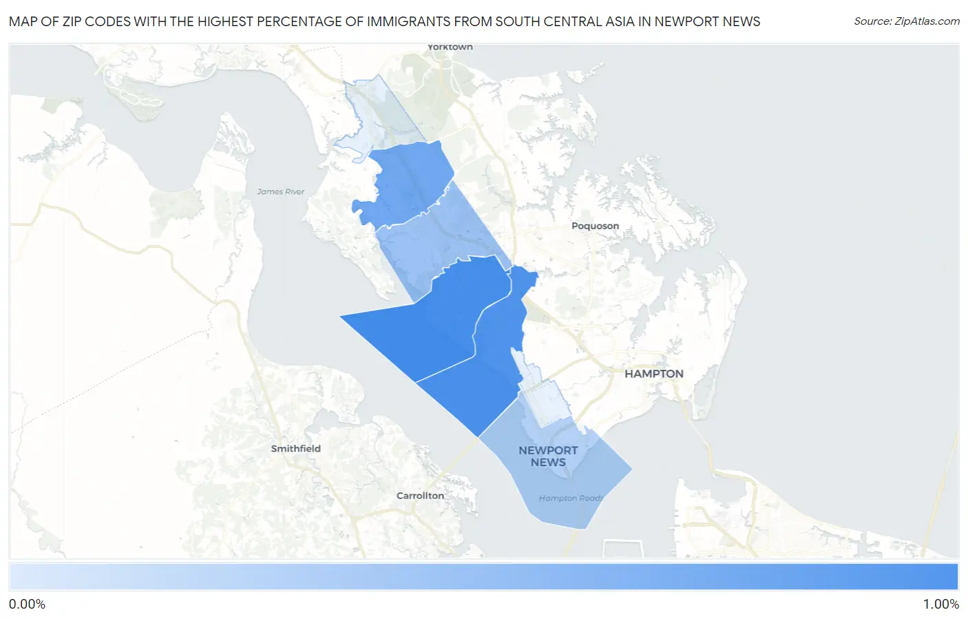 Zip Codes with the Highest Percentage of Immigrants from South Central Asia in Newport News Map