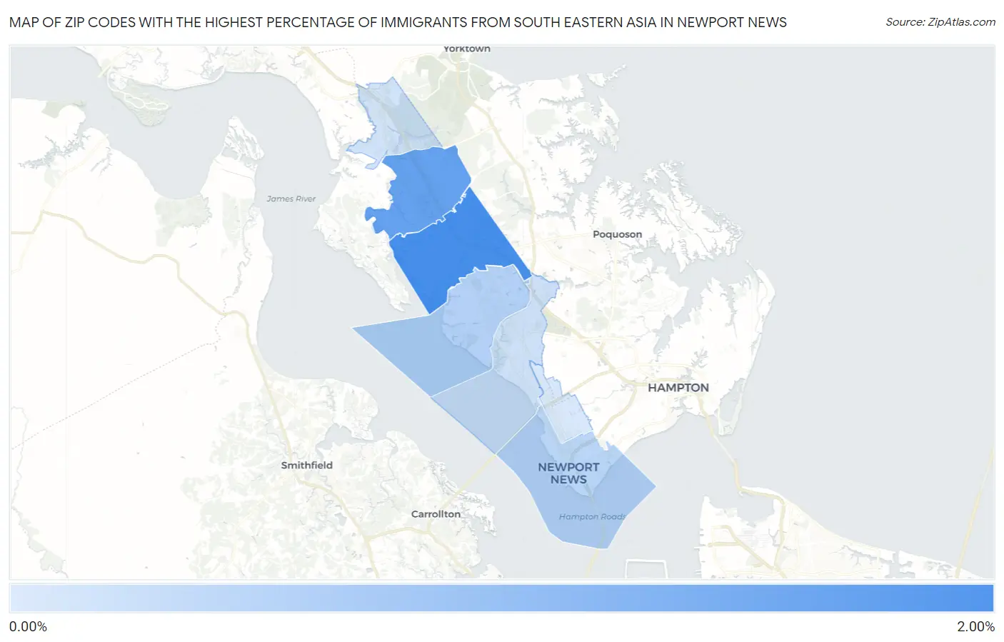Zip Codes with the Highest Percentage of Immigrants from South Eastern Asia in Newport News Map