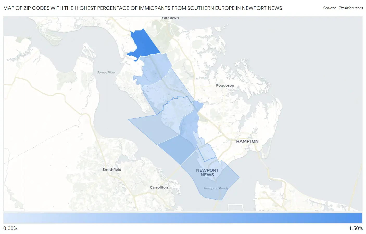 Zip Codes with the Highest Percentage of Immigrants from Southern Europe in Newport News Map