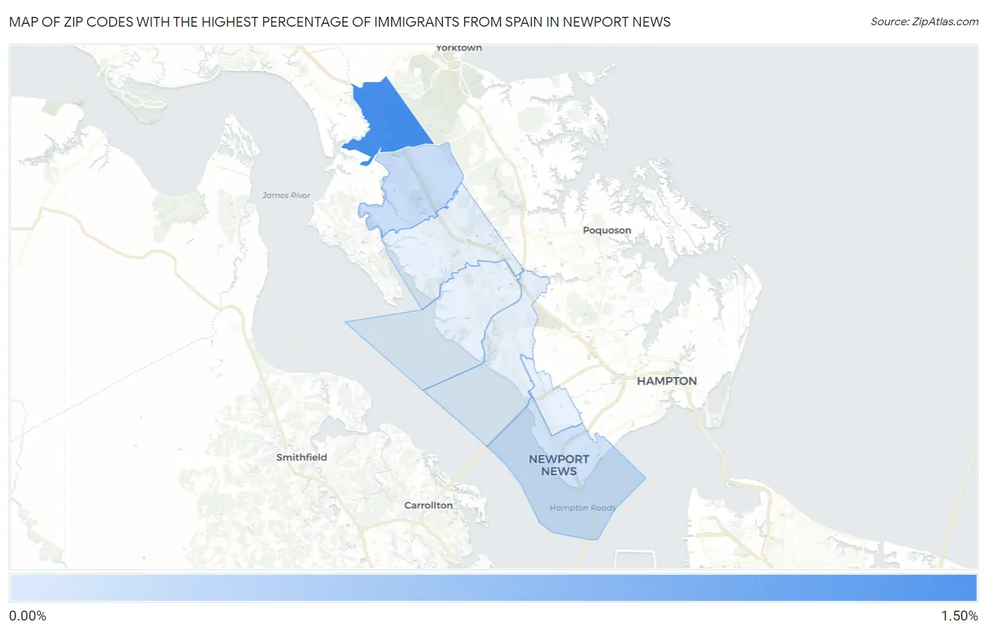 Zip Codes with the Highest Percentage of Immigrants from Spain in Newport News Map