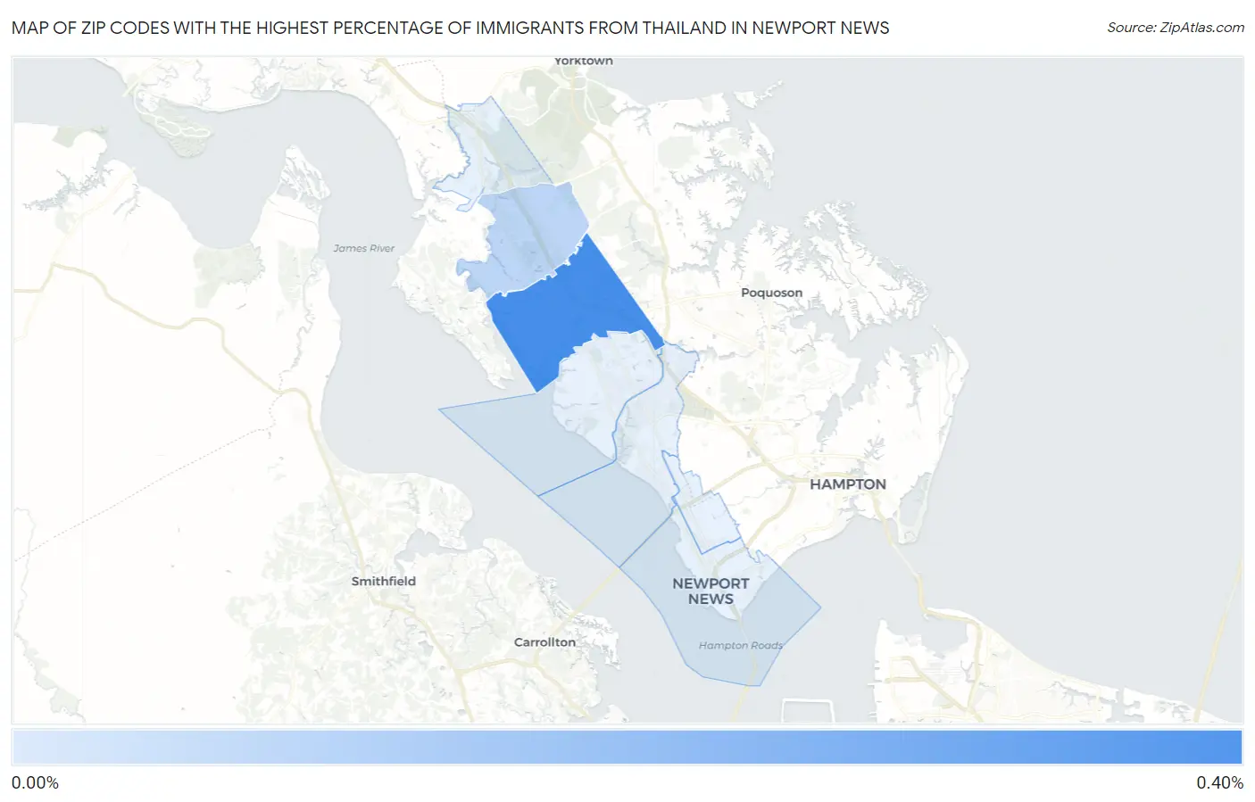 Zip Codes with the Highest Percentage of Immigrants from Thailand in Newport News Map