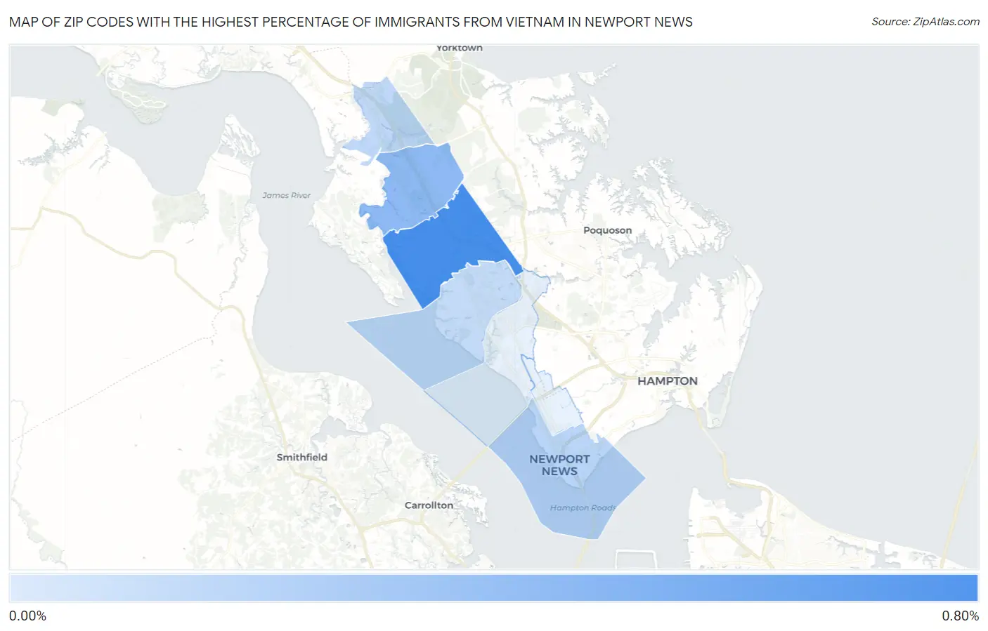 Zip Codes with the Highest Percentage of Immigrants from Vietnam in Newport News Map
