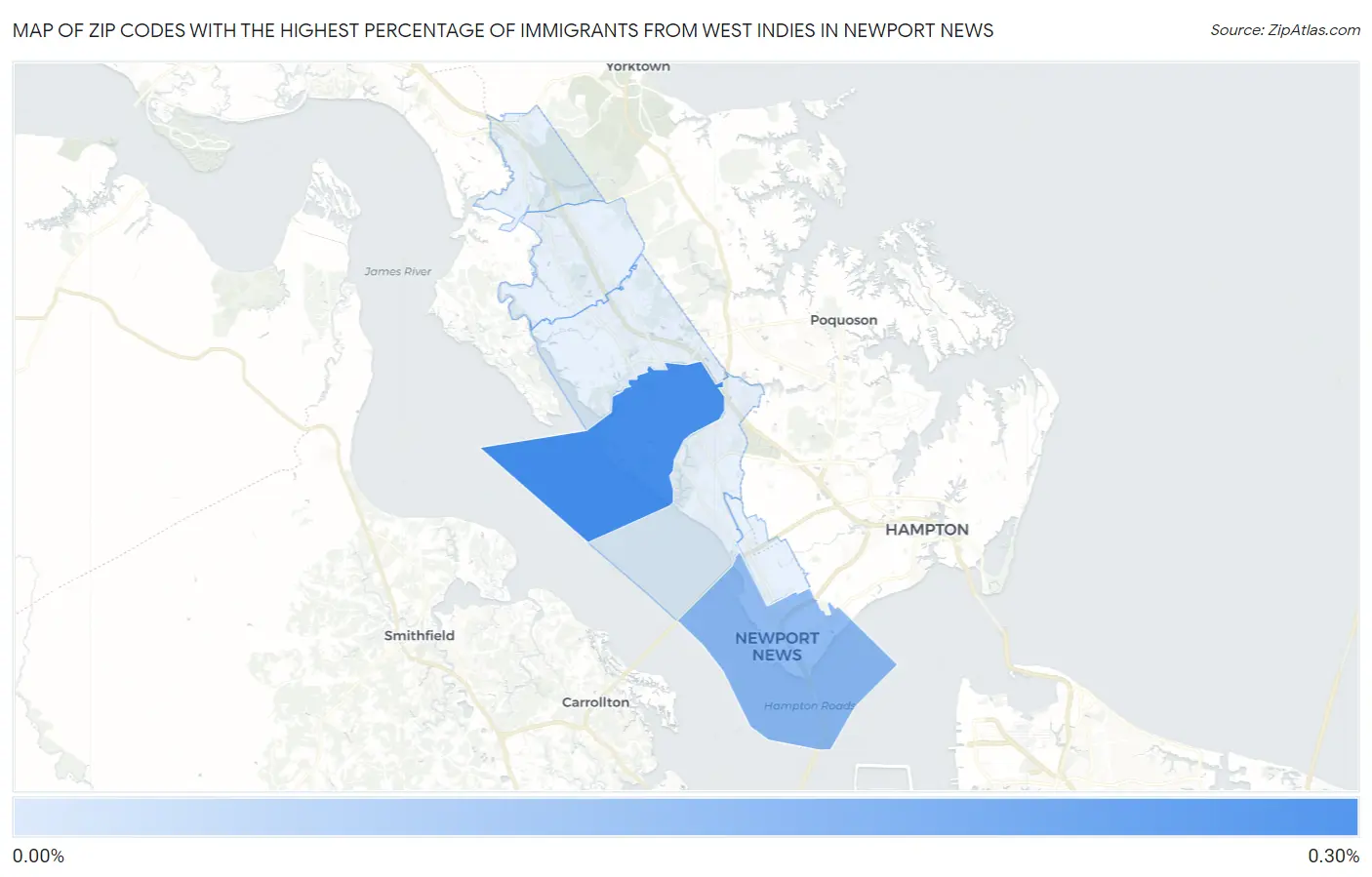 Zip Codes with the Highest Percentage of Immigrants from West Indies in Newport News Map