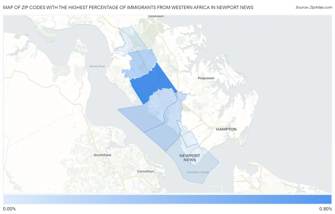 Zip Codes with the Highest Percentage of Immigrants from Western Africa in Newport News Map