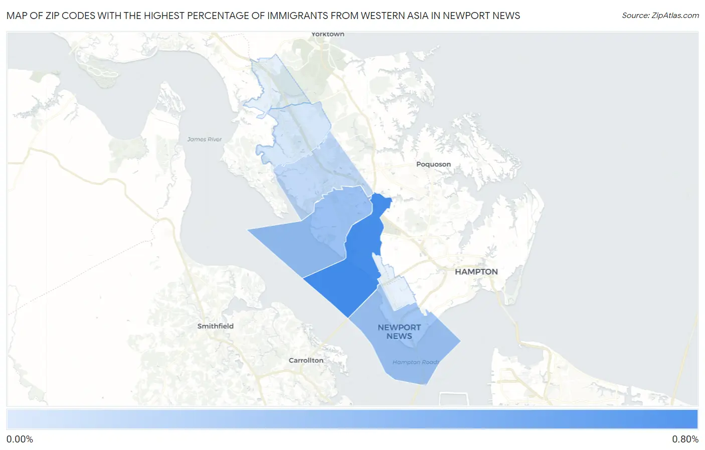 Zip Codes with the Highest Percentage of Immigrants from Western Asia in Newport News Map