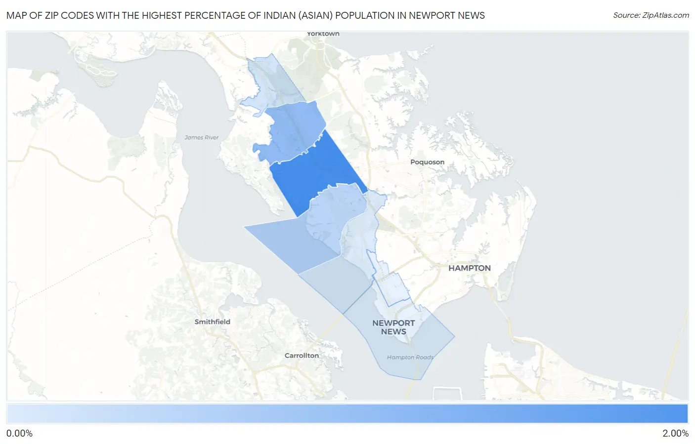 Zip Codes with the Highest Percentage of Indian (Asian) Population in Newport News Map