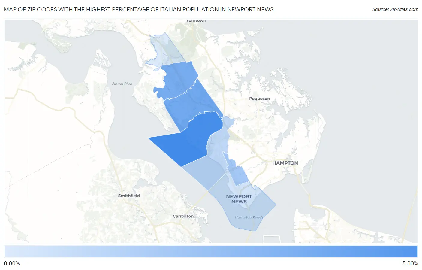Zip Codes with the Highest Percentage of Italian Population in Newport News Map