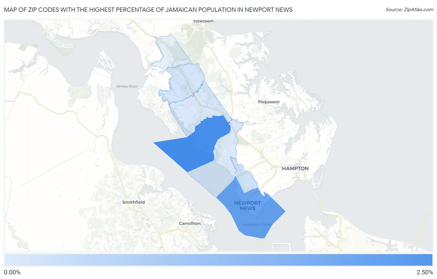 Zip Codes with the Highest Percentage of Jamaican Population in Newport News Map