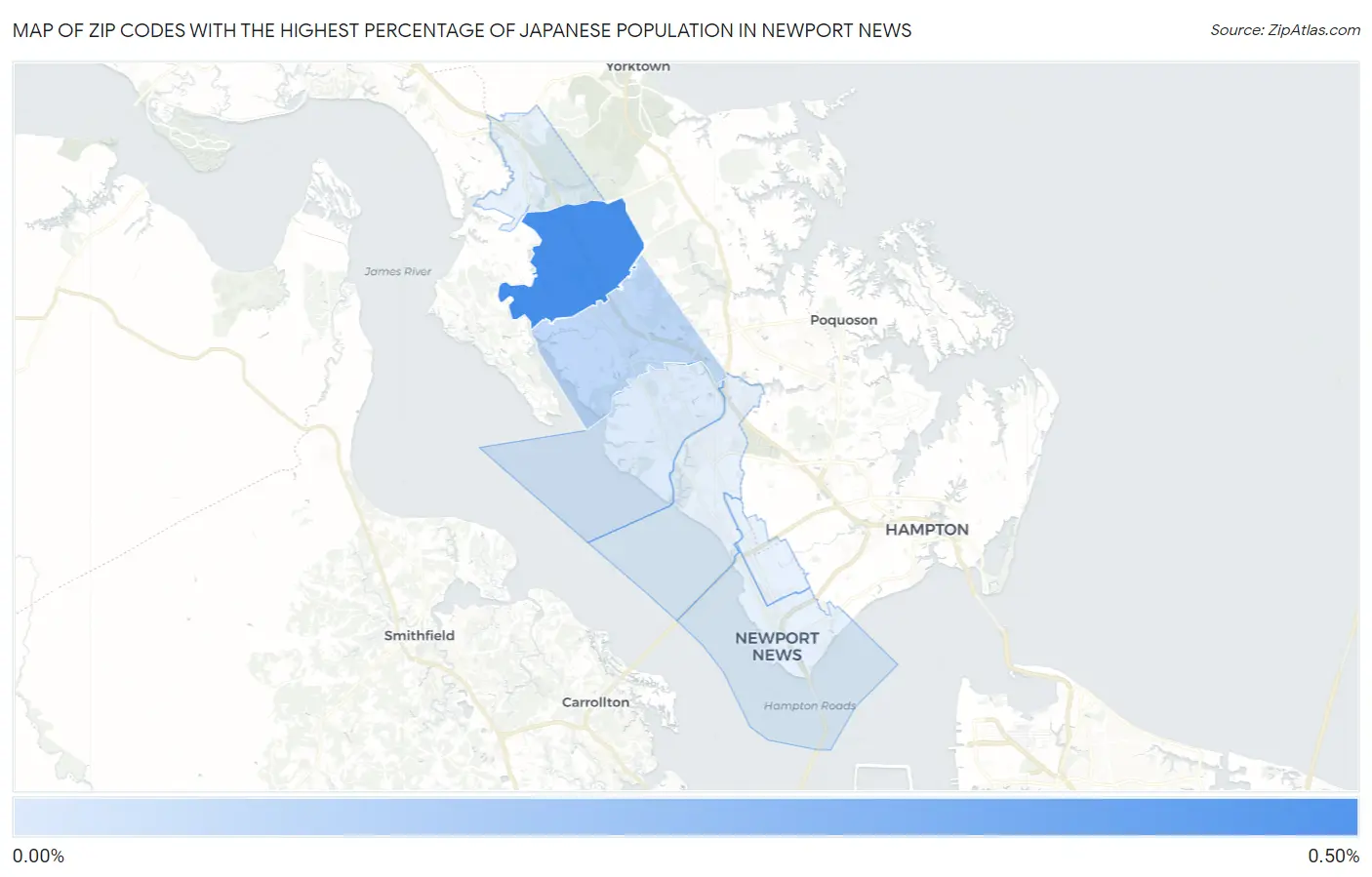 Zip Codes with the Highest Percentage of Japanese Population in Newport News Map