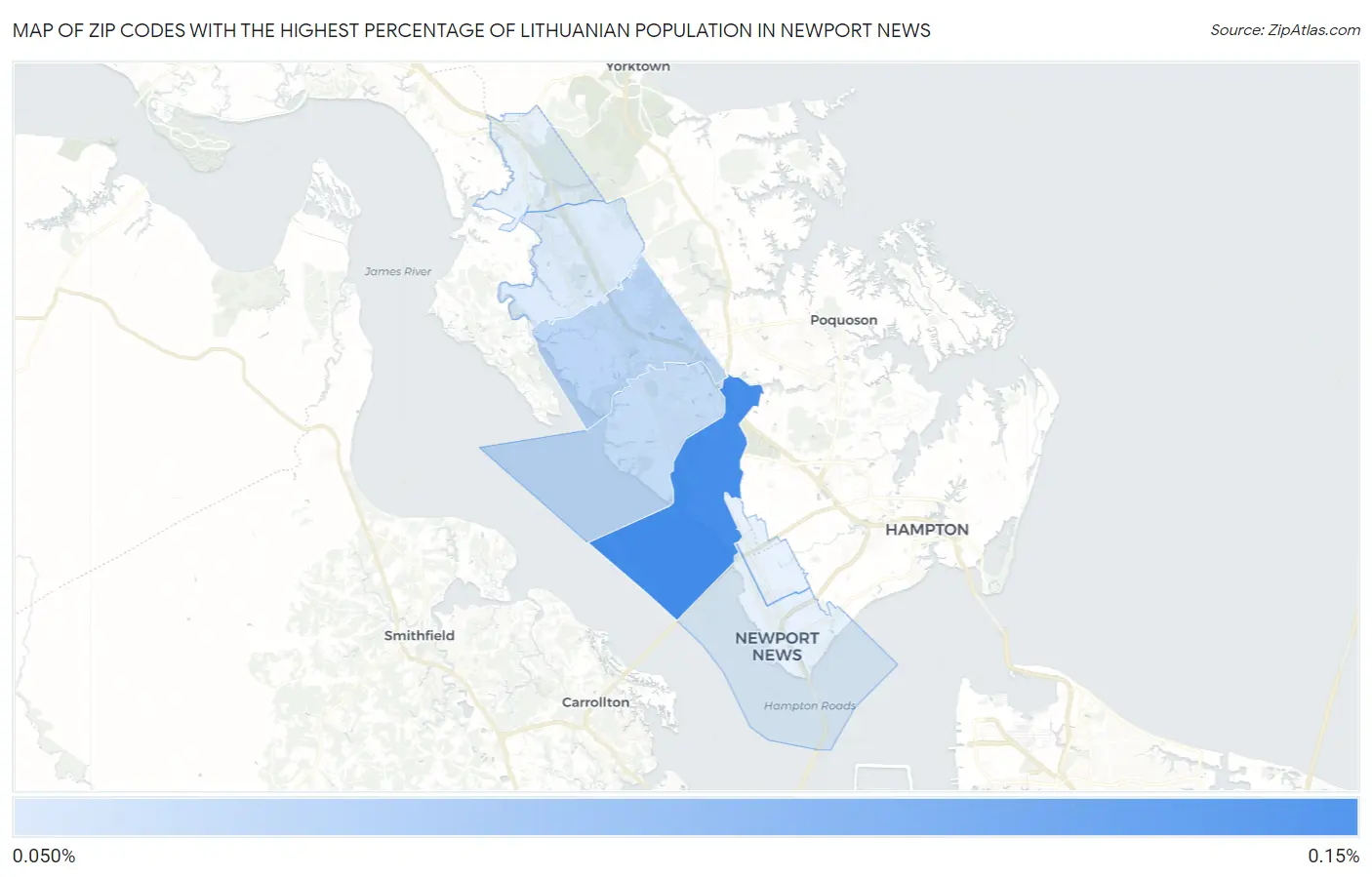 Zip Codes with the Highest Percentage of Lithuanian Population in Newport News Map